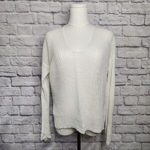 MARGARET O'LEARY Linen Vneck Long Sleeve Knit Sweater in White Sz Small
